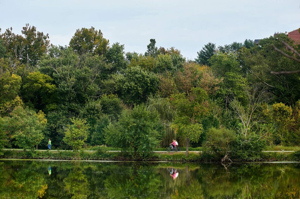 Walkers, hikers, joggers, cyclists enjoy access to lakeside trails with lush vegetation in Columbia, Maryland.