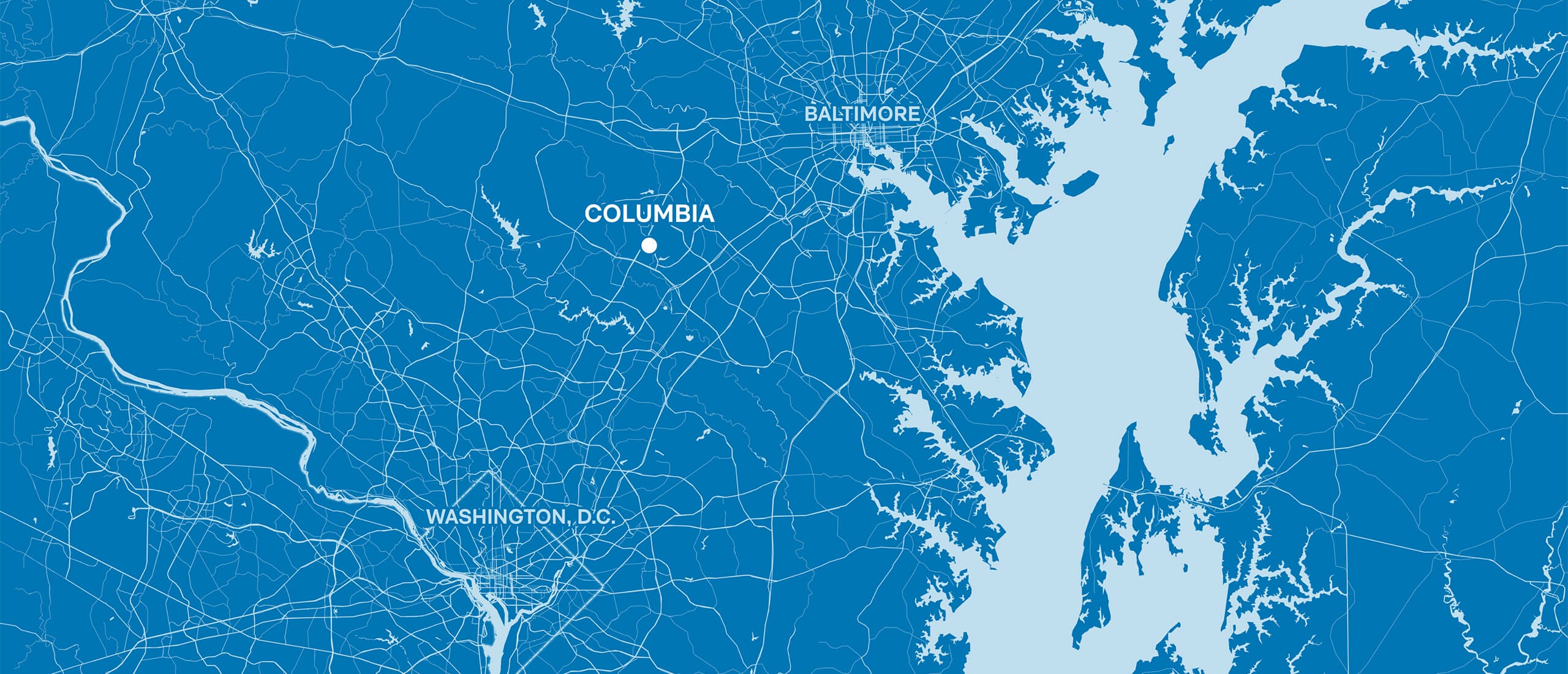 Regional map of Columbia shows close proximity and relative distance to Washington, D.C. and Baltimore.