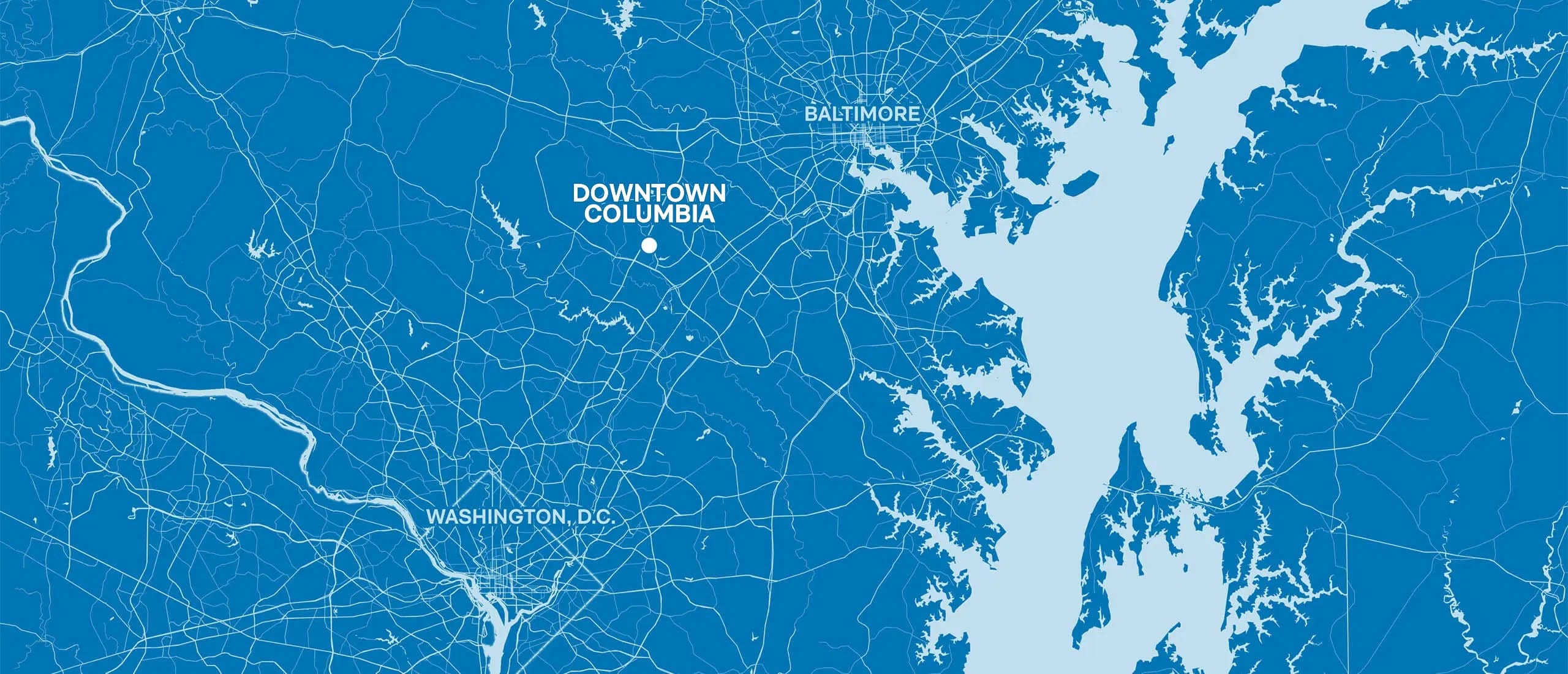 Regional map of Columbia shows close proximity and relative distance to Washington, D.C. and Baltimore.